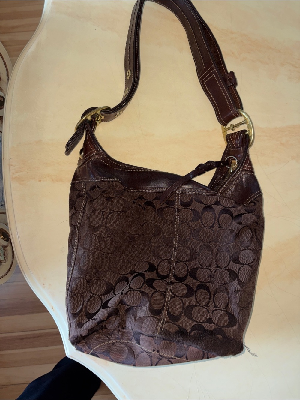 Coach Dark Brown Signature Canvas Shoulder Bag with Leather Trim
